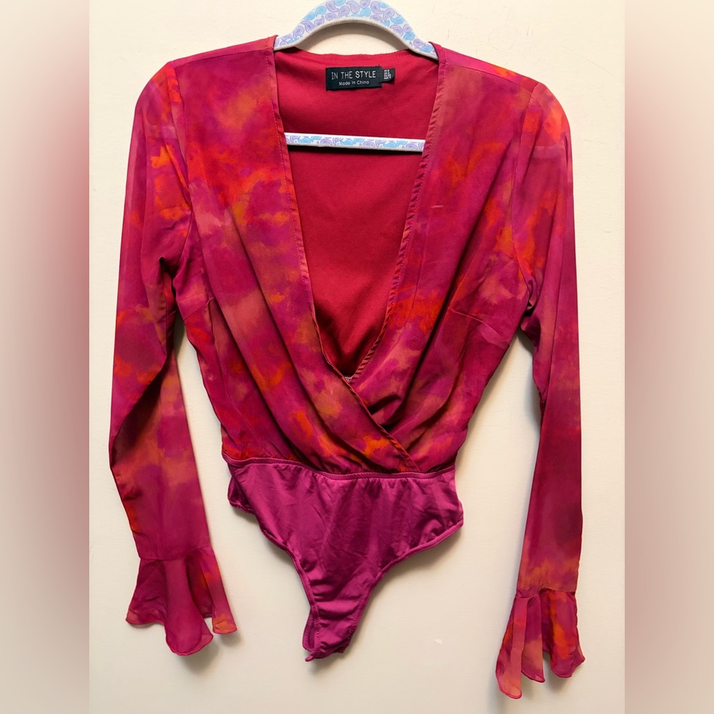 In The Style Pink Orange Sheer Wrap Bodysuit - Picture 2 of 9